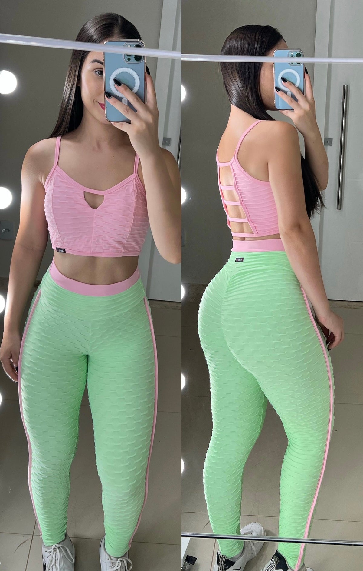 Conjunto de legging empina bumbum brocado verde claro com rosa bebê top detalhe nas costas