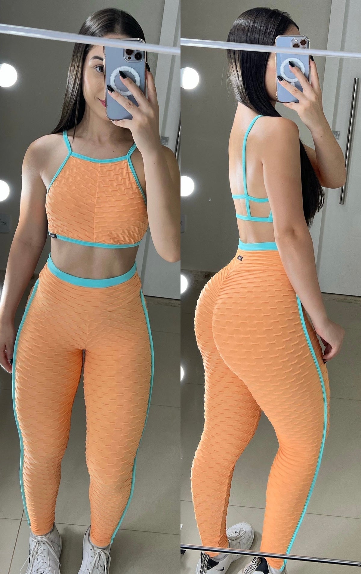 Conjunto de legging empina bumbum brocado salmão com verde água