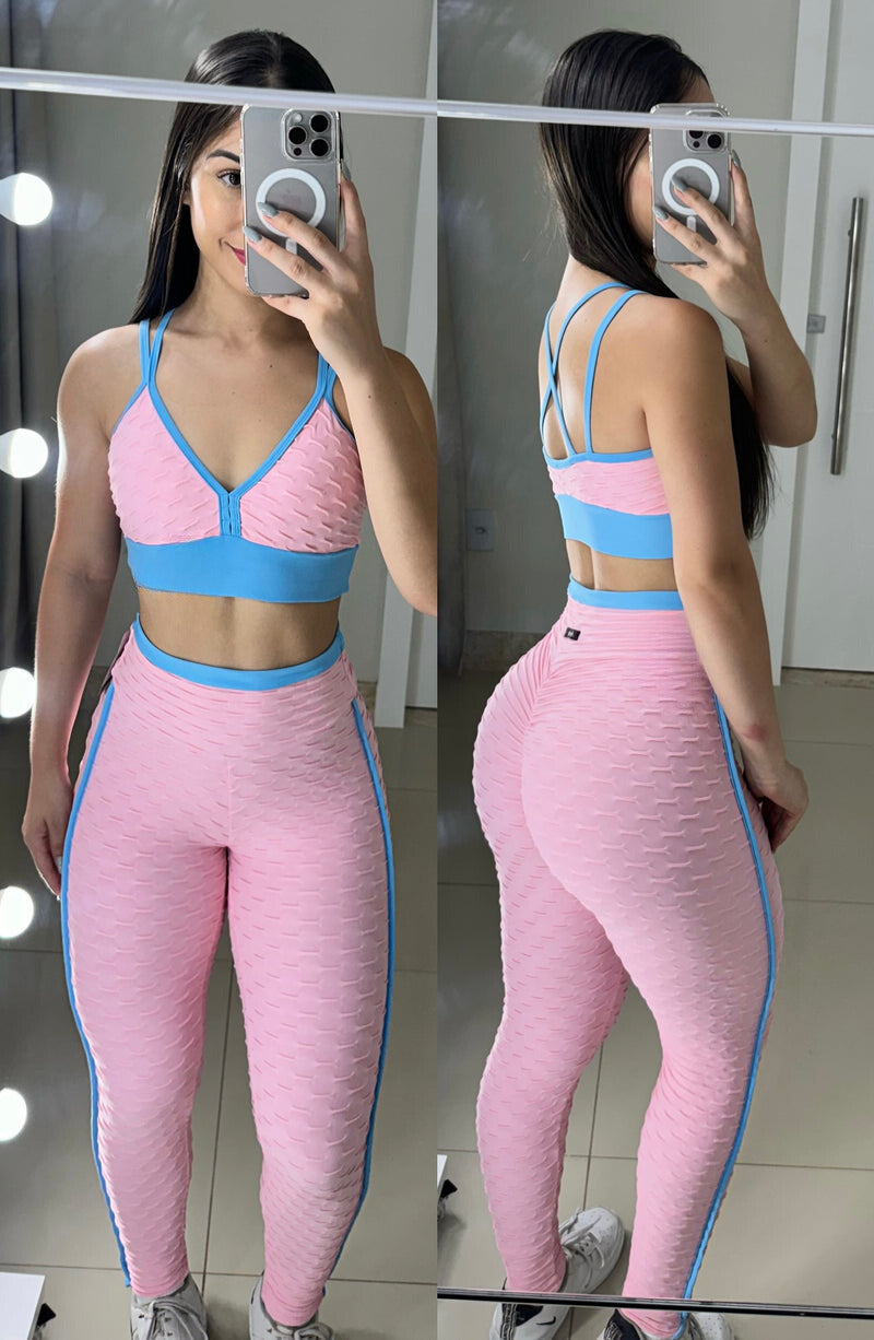 Conjunto de legging empina bumbum brocado rosa bebê com azul top alça dupla